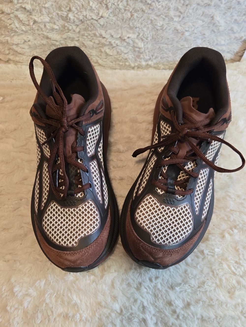 Hoka Men's Brown and White Mesh Athletic Shoes